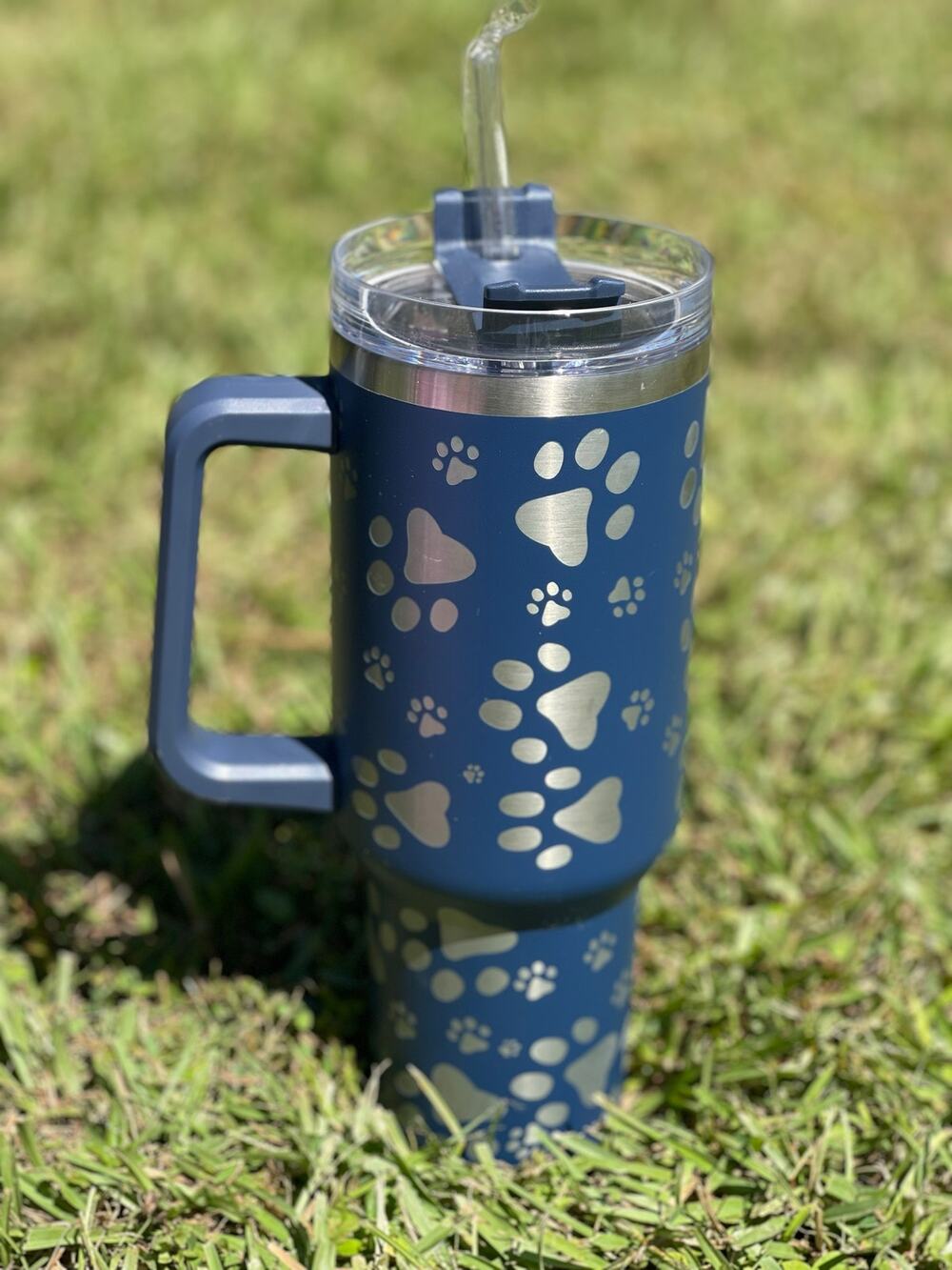 40oz Navy Blue Paw Print Stainless Steel Tumbler w/ handle and straw